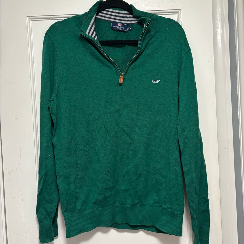 Vineyard Vines Green Zip Up Sweater with Striped Collar